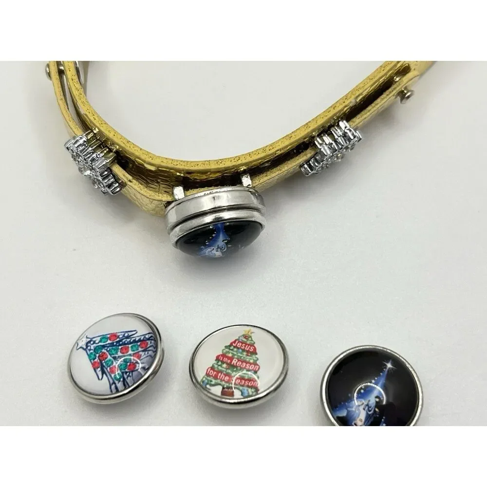 Faux Leather Charm Bracelet - Golden W/ 4 Snap & 2 Slide Snow Charm Christmas